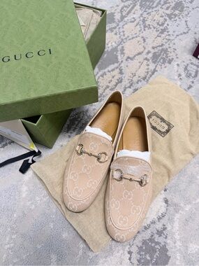 New Gucci Jordaan GG denim Moccasin Horsebit Flats loafers Soufflé Rose EU35/US5